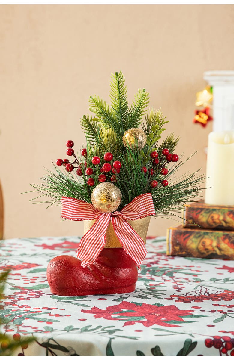 Glitzhome Christmas Red Boot with Pine Needle & Berry Centerpiece, Alternate, color, 