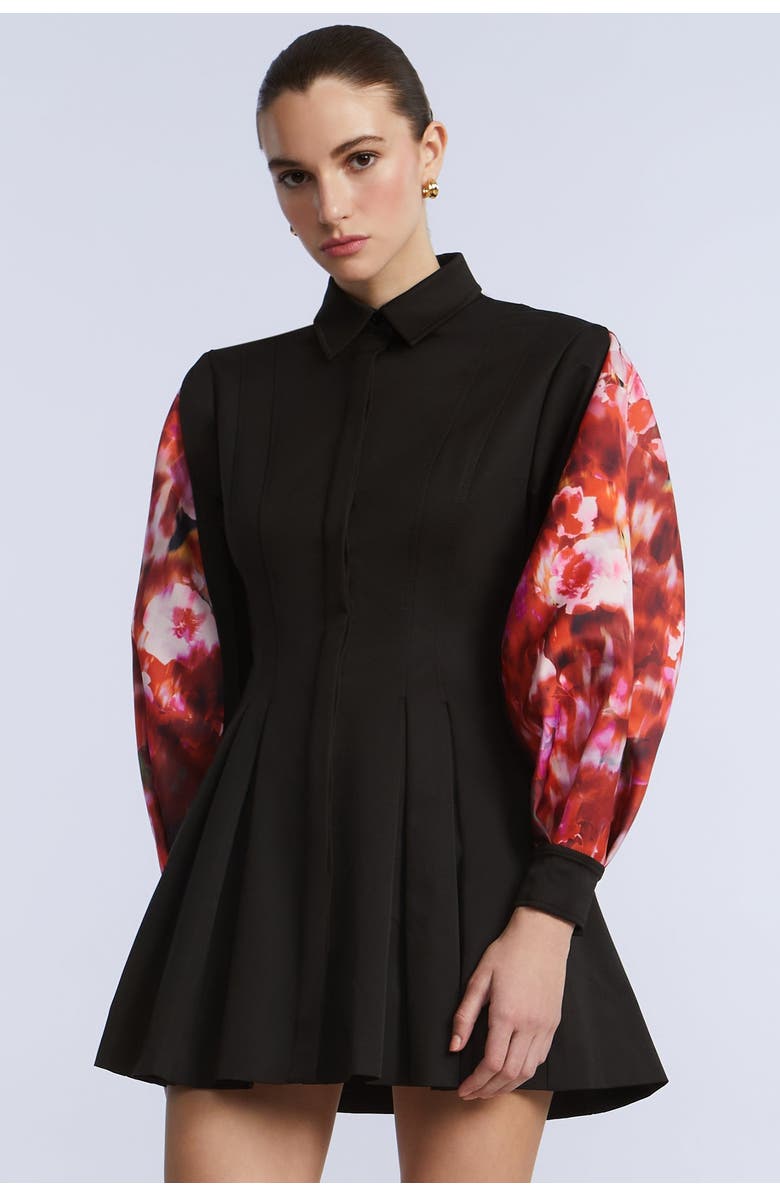 BCBGMAXAZRIA Taffeta Twill Printed Dress, Alternate, color, Black & Washed Floral Chilli