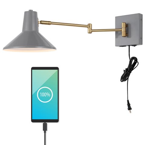 Hygge Swing Arm 1-Light Modern Midcentury Iron USB Charging Port LED Sconce