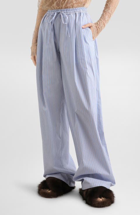 Striped Wide Leg Cotton Poplin Pants