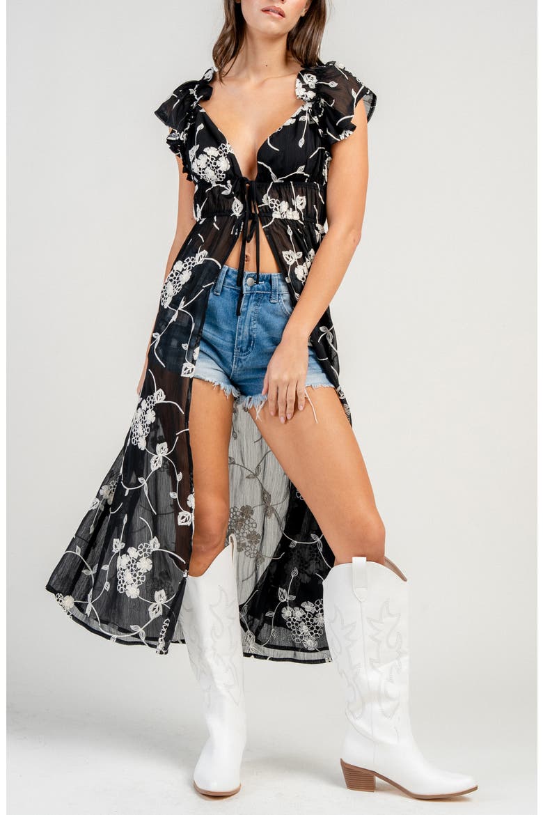 Embroidered Chiffon Ruffle Top, Alternate, color, BLACK
