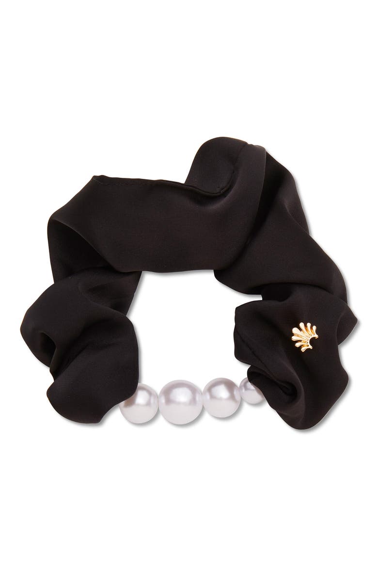 Faux Pearl Satin Scrunchie, Main, color, JET