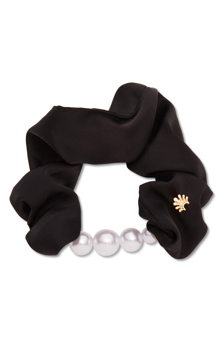 Lele Sadoughi Faux Pearl Satin Scrunchie, Main, color, Jet