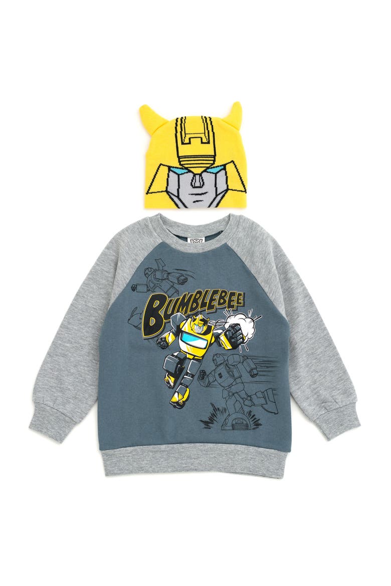 Bumblebee Fleece 2-Piece Sweatshirt and Hat Set, Main, color, Bumblebee Blue Grey
