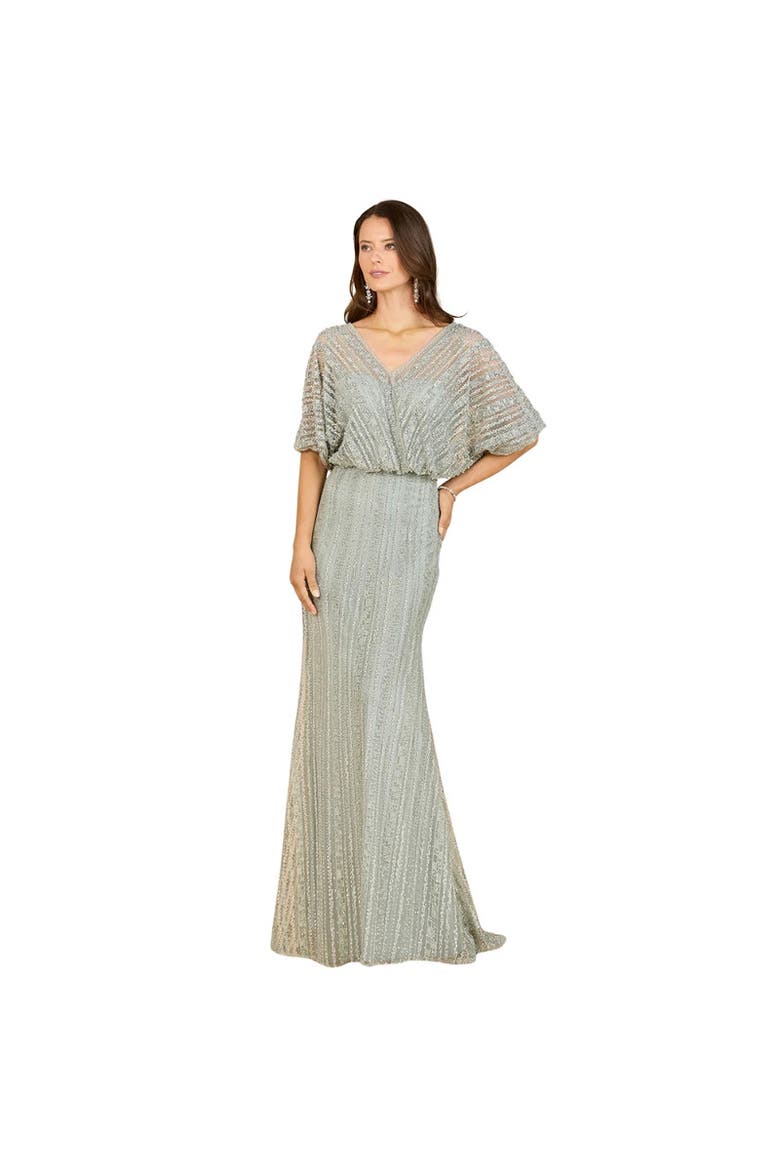 Cape Sleeve V-Neck Gown with Geometric Beading, Main, color, Olive