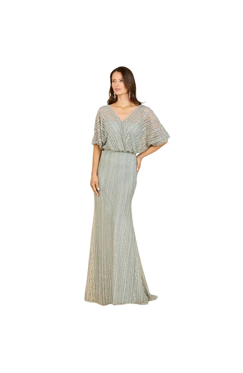 LARA New York Cape Sleeve V-Neck Gown with Geometric Beading, Main, color, Olive