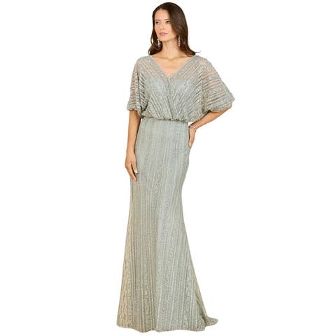 Cape Sleeve V-Neck Gown with Geometric Beading