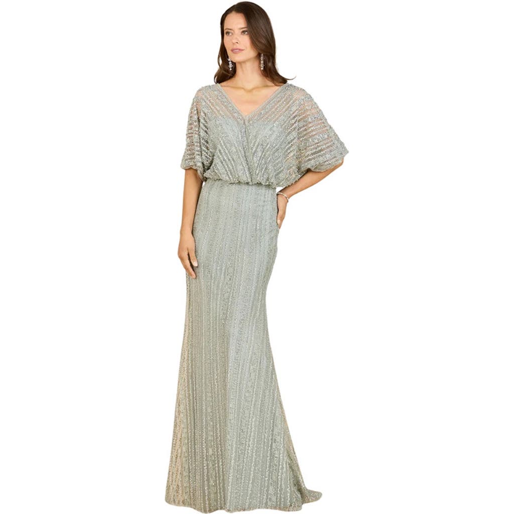 Lara New York Cape Sleeve V-neck Gown With Geometric Beading In Green