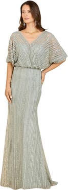 LARA New York Cape Sleeve V-Neck Gown with Geometric Beading