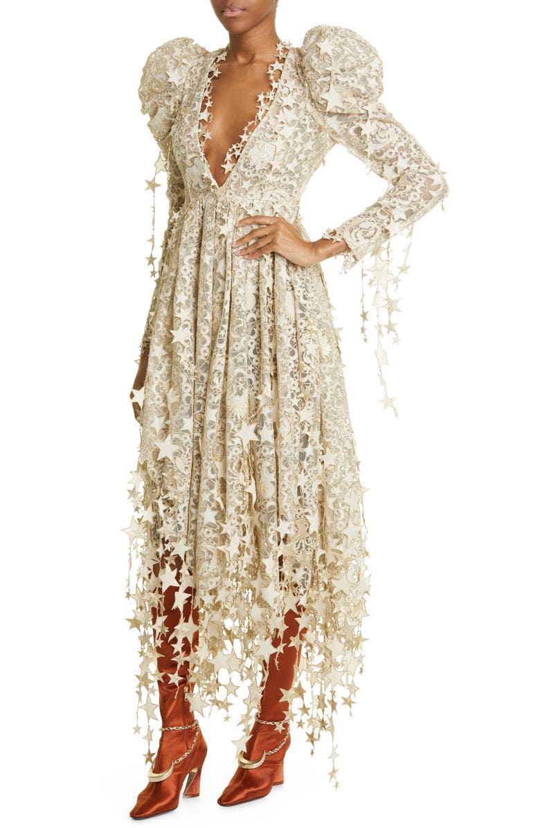 Zimmermann Celestial Zodiac Long Sleeve Lace Midi Dress, Alternate, color,