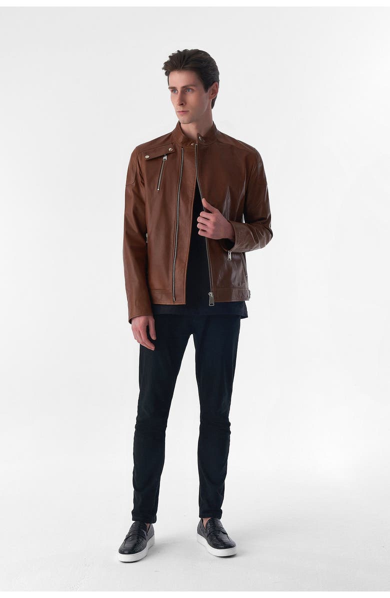 Furniq UK Gilbert Smooth Leather Jacket, Alternate, color, Tan Brown