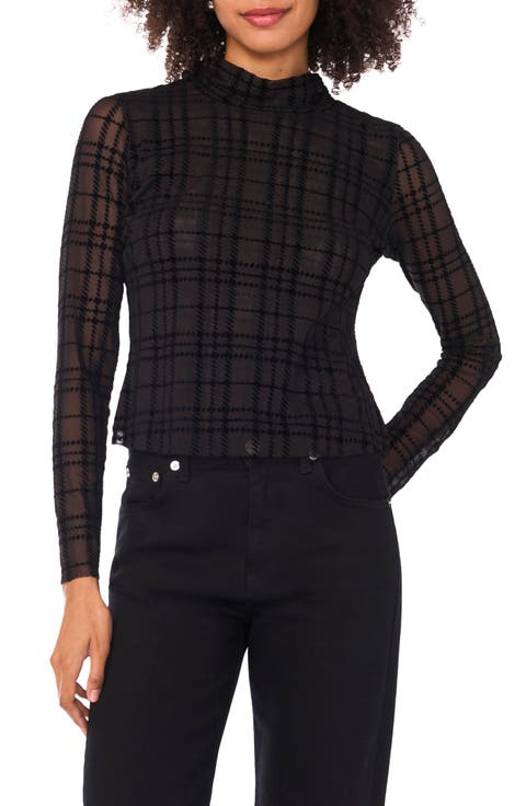 Plaid Mock Neck Long Sleeve Mesh Top