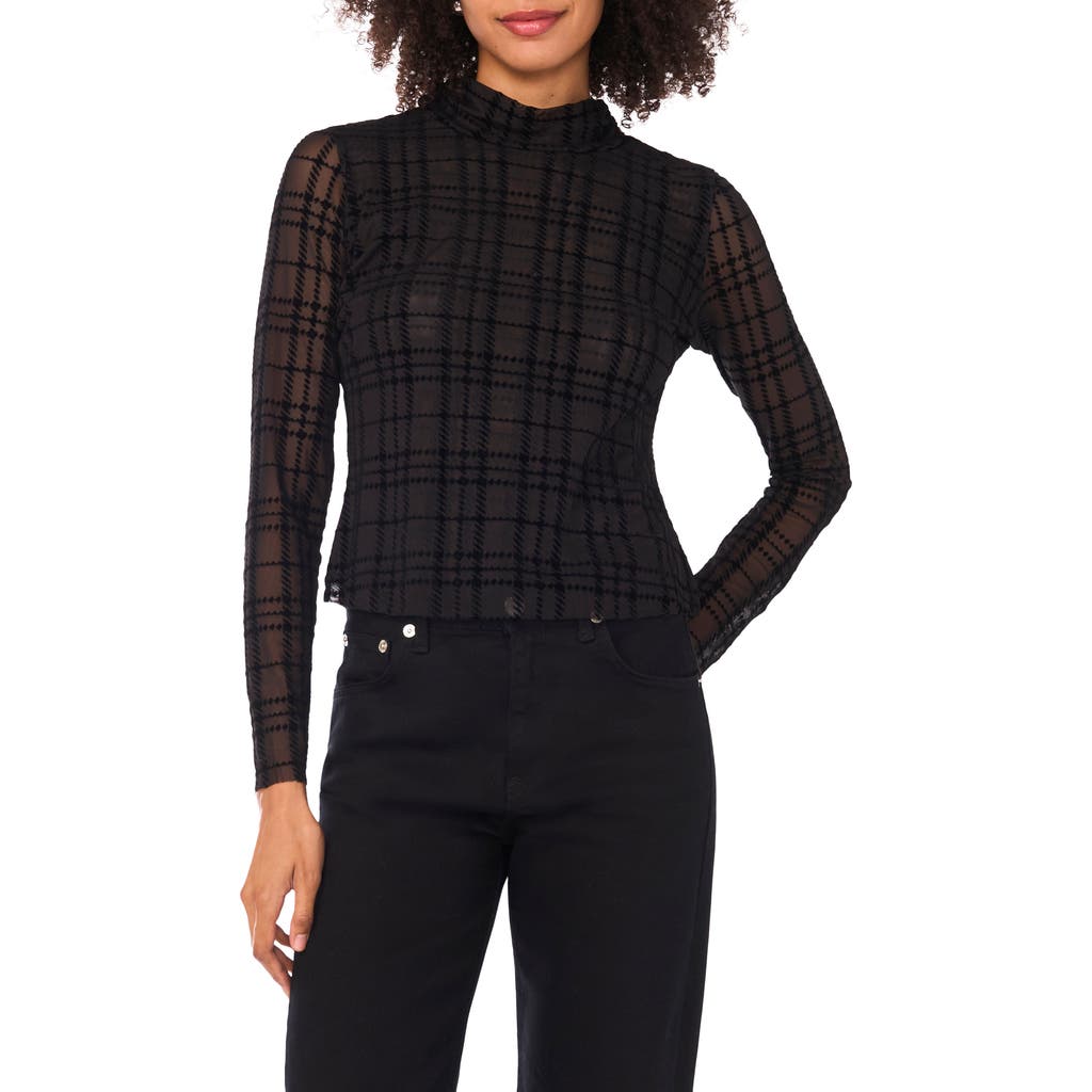Parker Plaid Mock Neck Long Sleeve Mesh Top In Multi