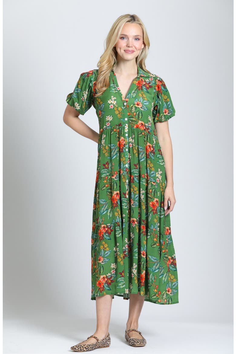 Tiered Puff Sleeve Shirtdress, Alternate, color, FOREST/CORAL MULTI