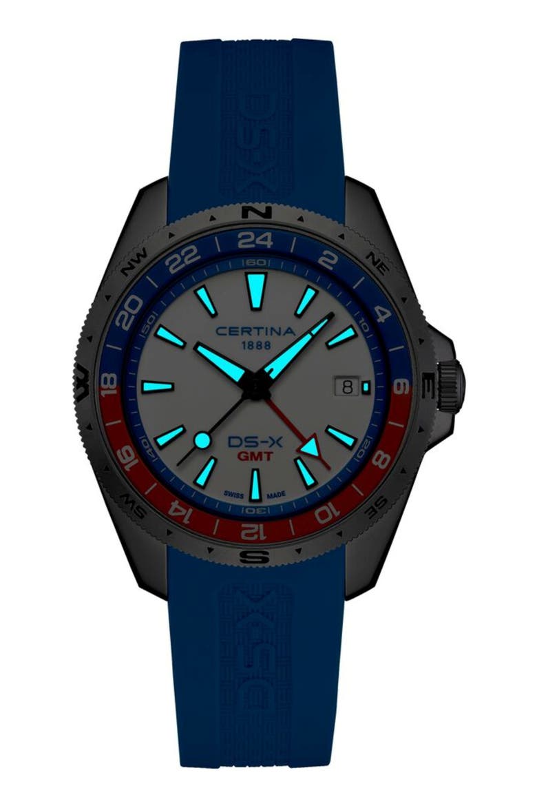 DS-X GMT Rubber Strap Watch, 41mm, Alternate, color, STAINLESS STEEL