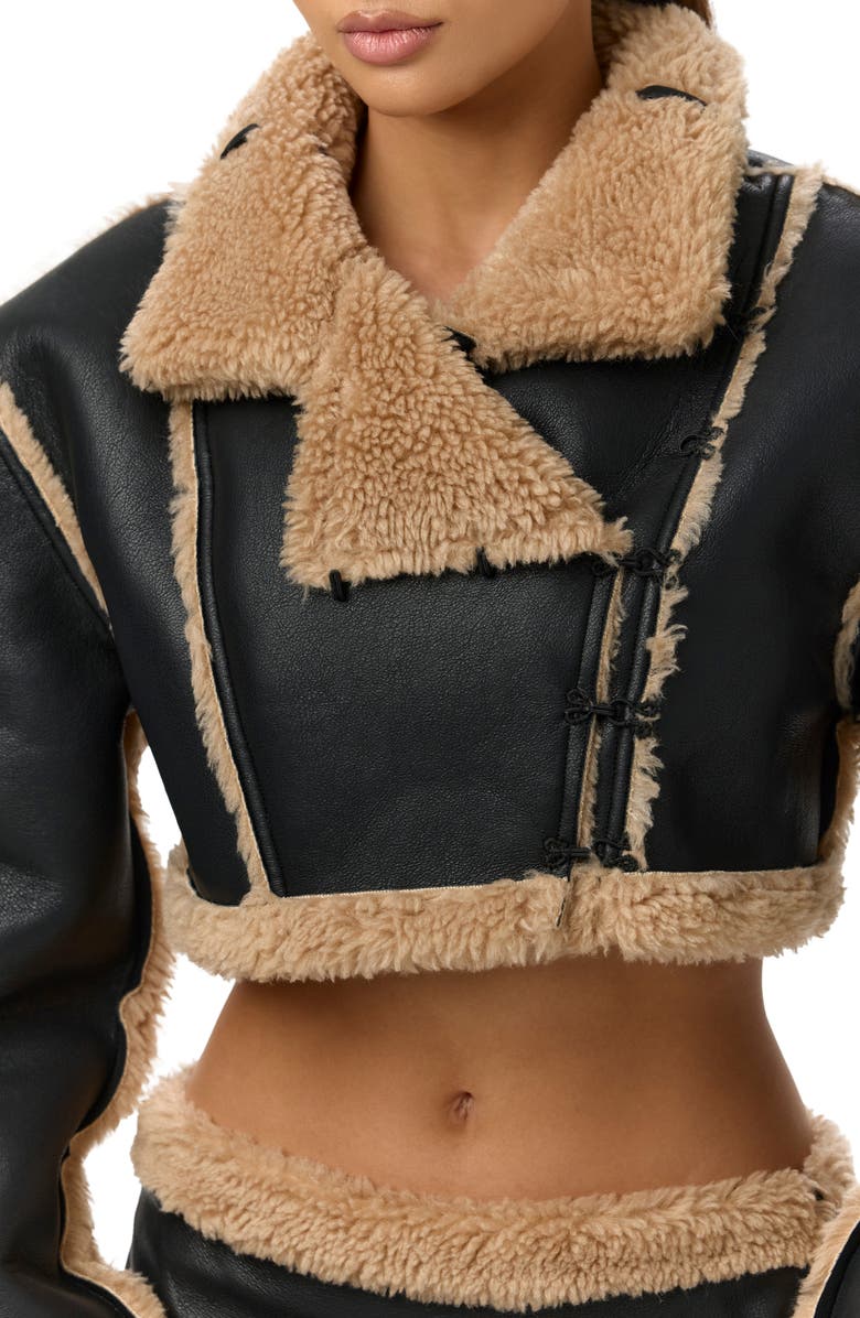 Naked Wardrobe Reversible Faux Shearling Crop Moto Jacket, Alternate, color, Black/ Tan