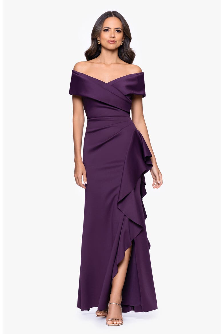 Off the Shoulder Scuba Mermaid Gown, Alternate, color, PLUM