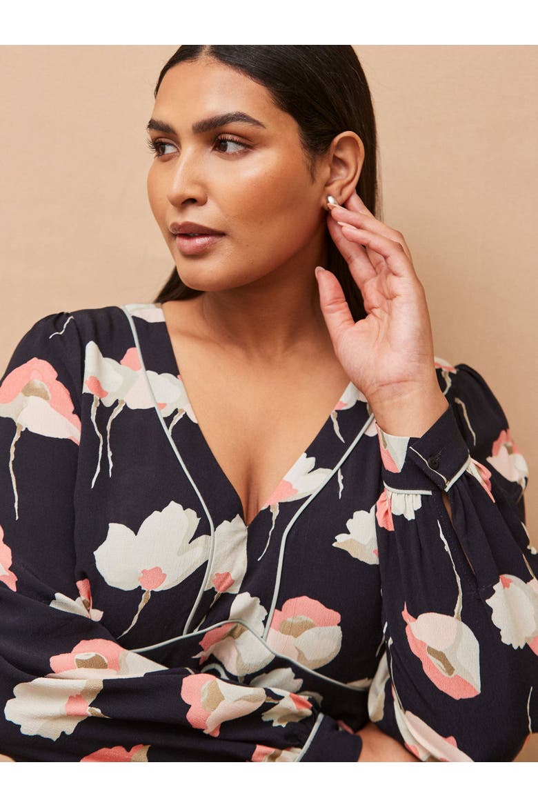 Floral Print Piping Detail Dress, Alternate, color, Black