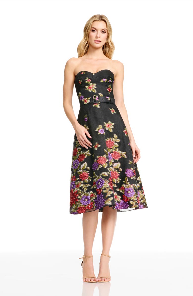 Dress the Population Carlita Belted Floral Strapless Cocktail Dress, Alternate, color, Black Multi