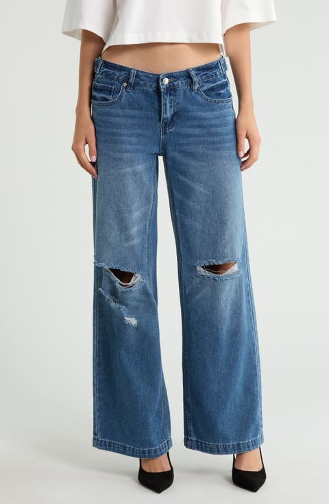 Ripped Low Rise Wide Leg Jeans