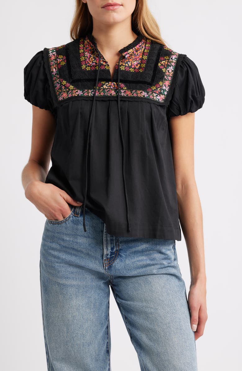 LOVE THE LABEL Molly Embroidered Puff Sleeve Top, Main, color, Black