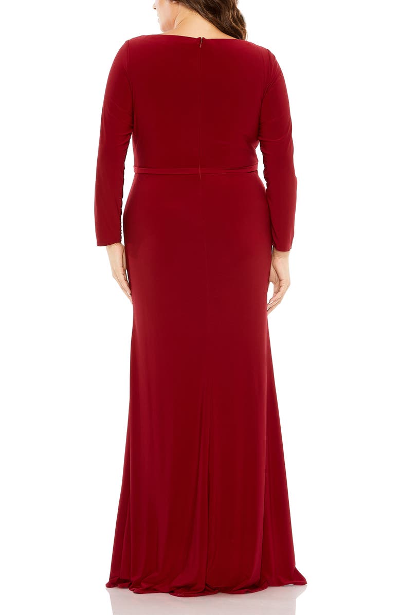 Mac Duggal Long Sleeve V-Neck Faux Wrap Gown, Alternate, color, Burgundy