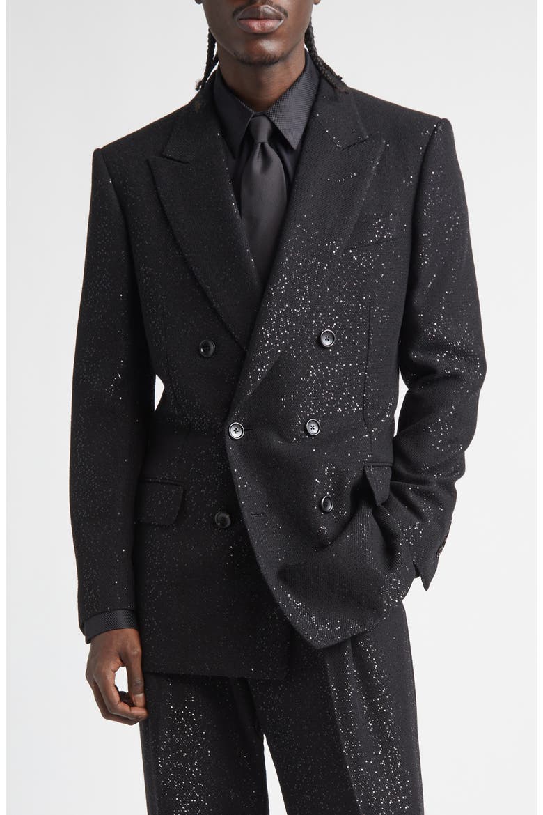 Sequin Light Double Breasted Wool Blend Bouclé Blazer, Main, color, NAA BLACK