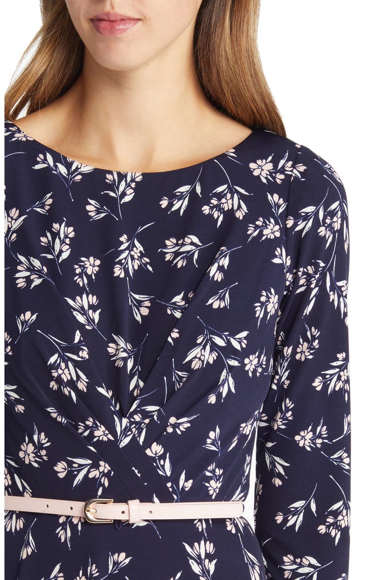 Pleated Floral Print Belted Dress, Alternate, color, NAVY