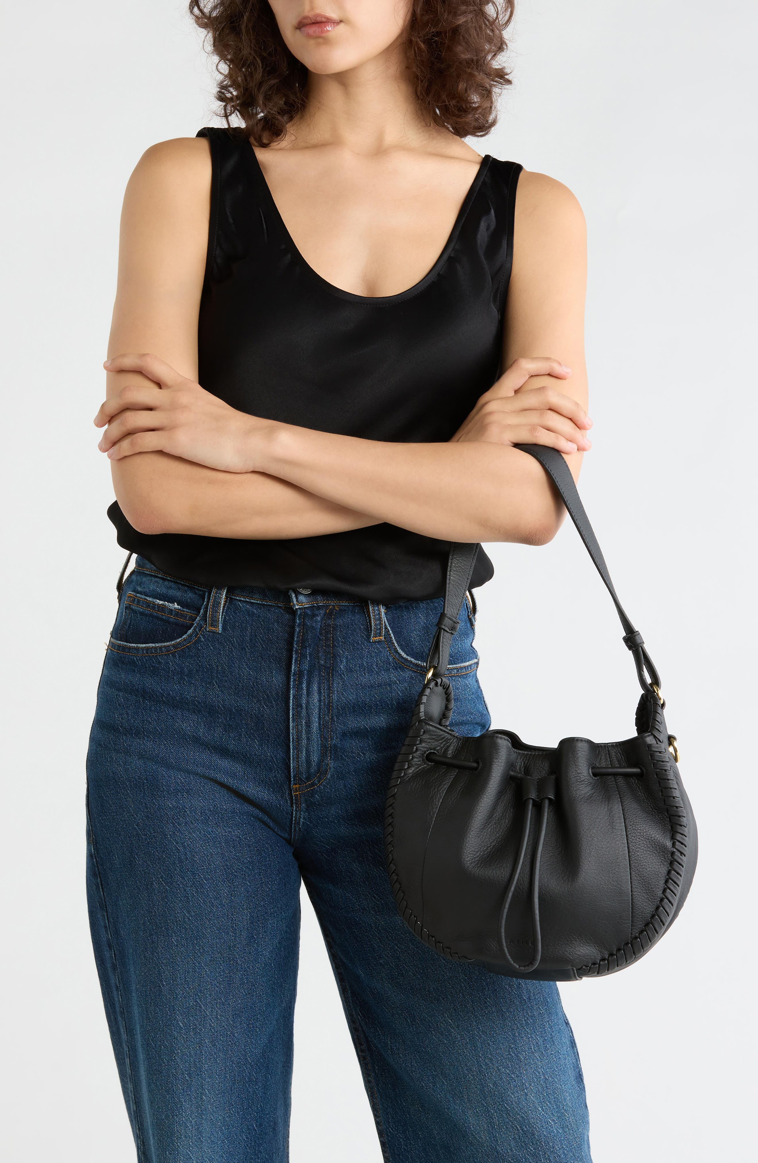 Whipstitched Leather Drawstring Bucket Bag, Alternate, color, BLACK