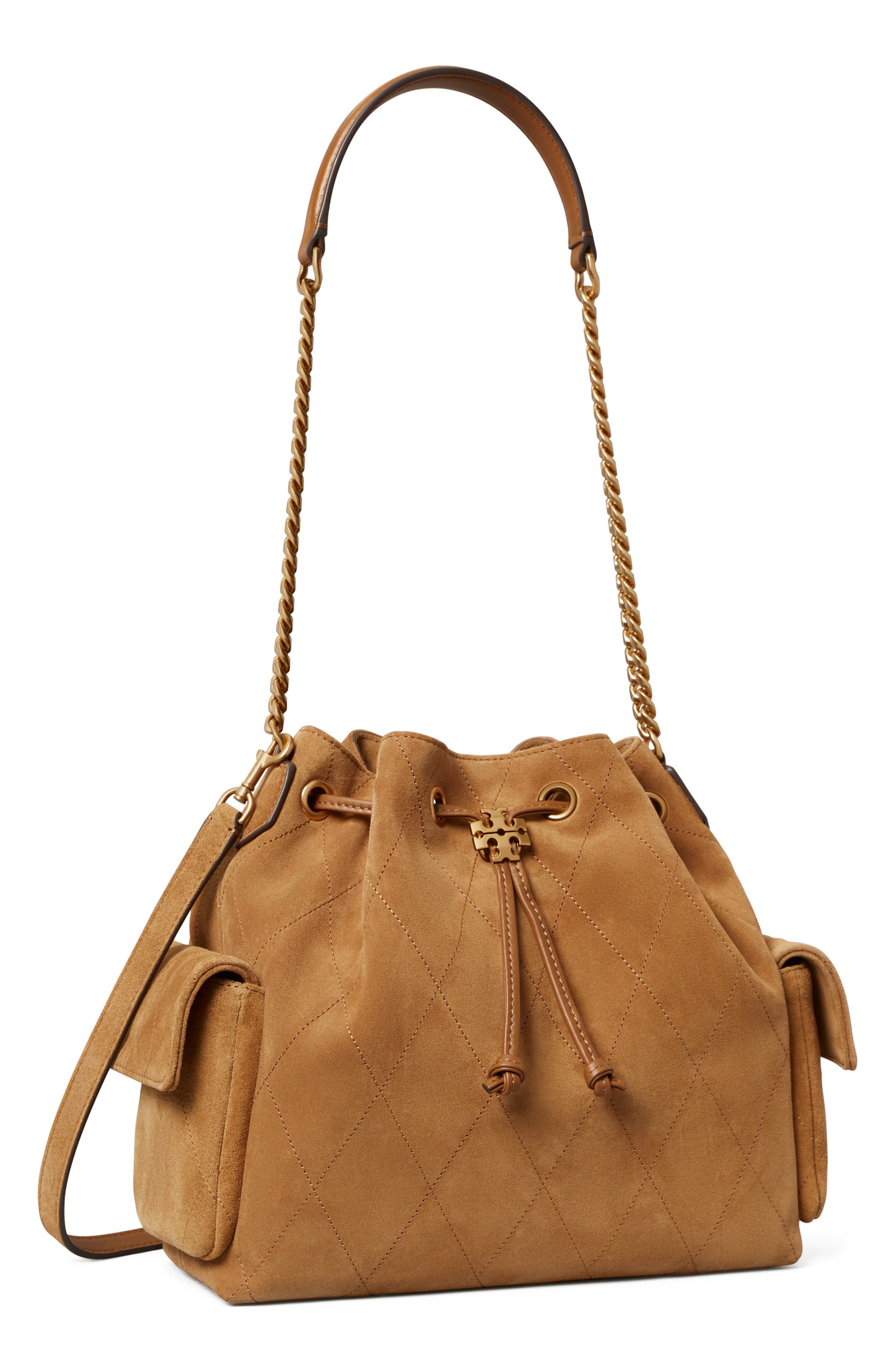 Tory Burch Charlie Quilted Suede Drawstring Bag, Alternate, color, 