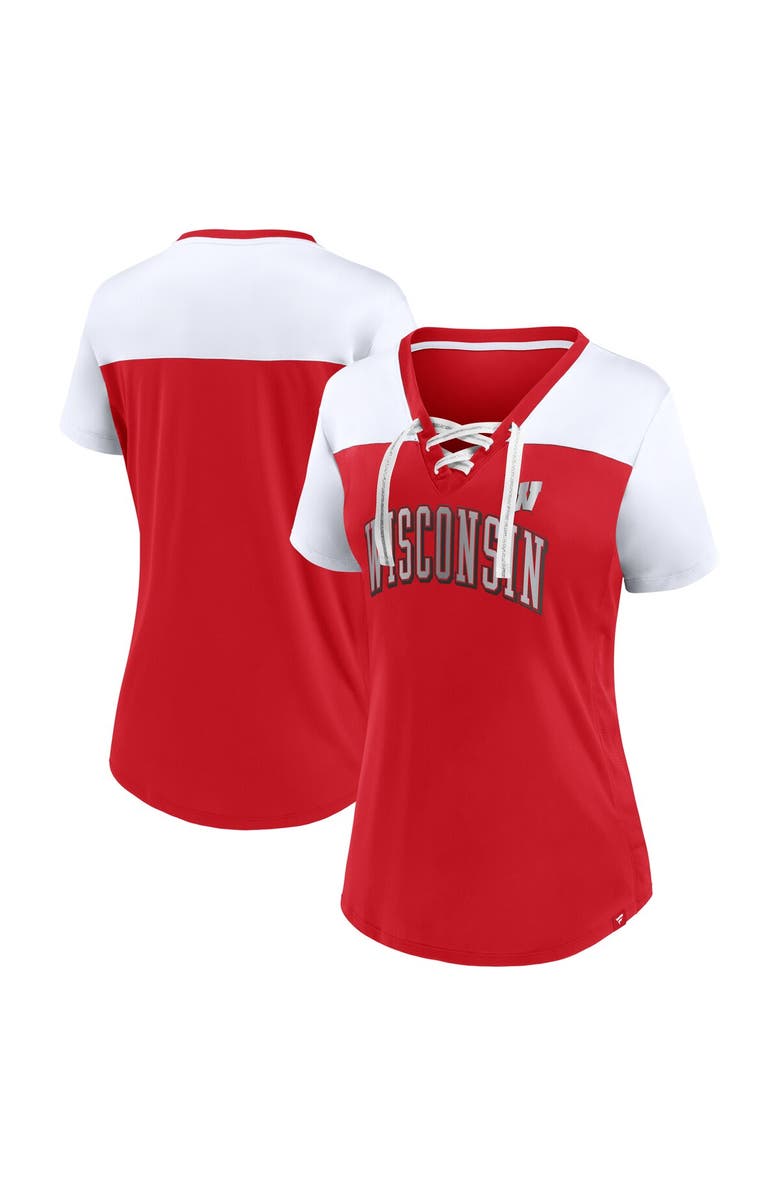 FANATICS Women's Fanatics Red Wisconsin Badgers Fundamentals Campus Win Athena Lace-Up V-Neck T-Shirt, Main, color, 