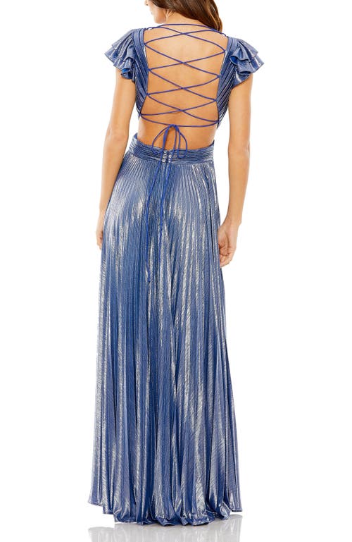 Mac Duggal Structured Ball Gown With Square Neck And Cap Sleeves In Blue