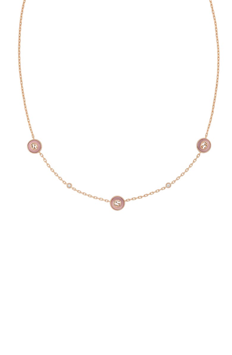 Gucci Interlocking-G Diamond & Pink Opal Station Necklace, Main, color, Pink/ Rose Gold