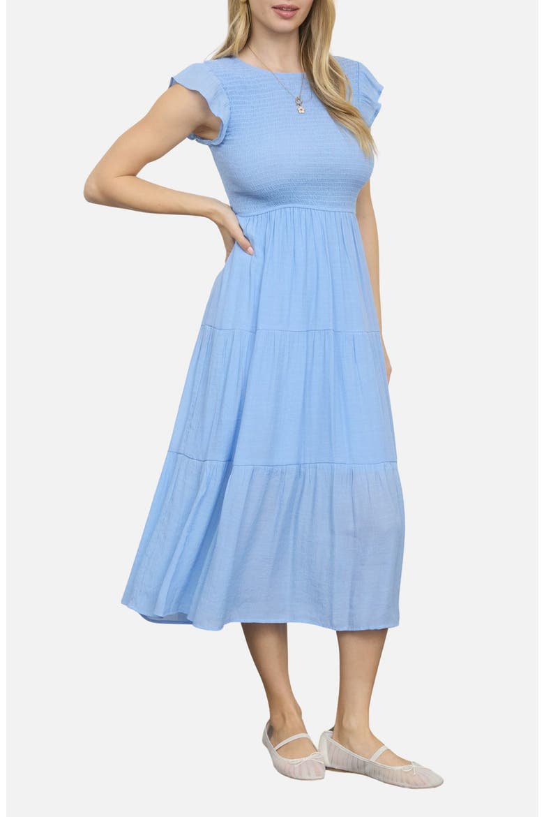 Smocked Cap Sleeve Tiered Midi Dress, Alternate, color, LIGHT CHAMBRAY