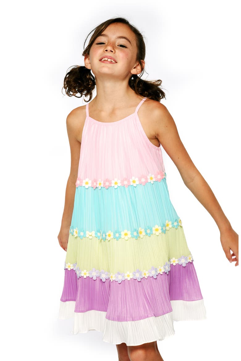 Kids' Colorblock Plissé Tiered Trapeze Dress, Alternate, color, PINK MULTI
