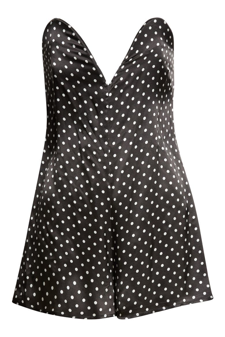Polka Dot Strapless Silk Satin Bustier Romper, Alternate, color, BLACK/ WHITE