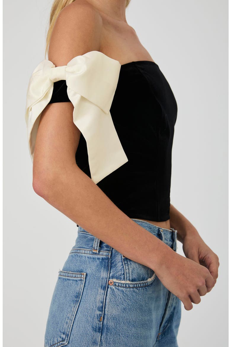 Carey Satin Bow Detail Off the Shoulder Velvet Crop Top, Alternate, color, BLACK-PORCELAIN CREAM