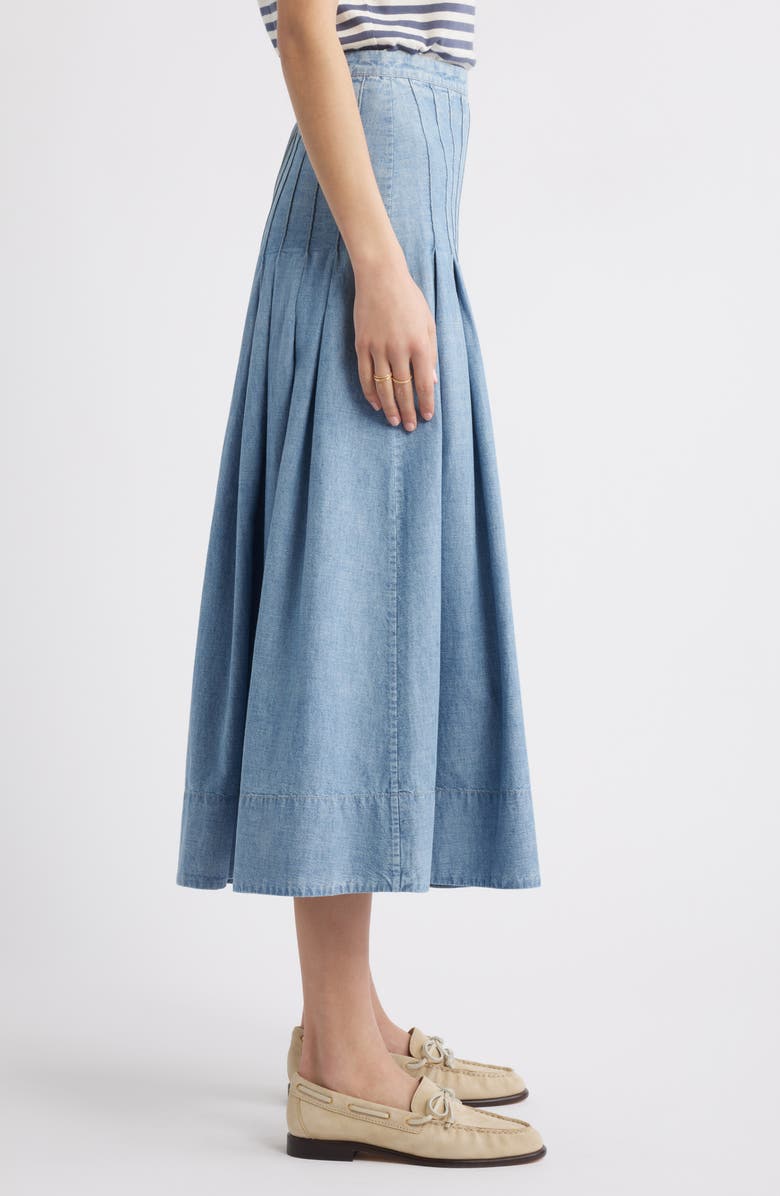 THE GREAT. The Rhythm Pleated Chambray Midi Skirt, Alternate, color, 