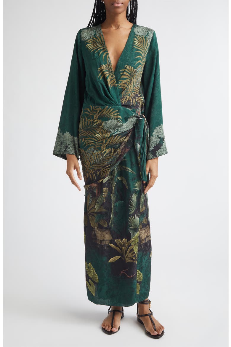 Ollantay Floral Jacquard Long Sleeve Wrap Dress, Main, color, DARK GREEN