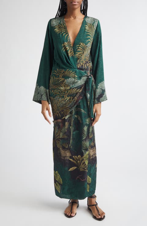 Ollantay Floral Jacquard Long Sleeve Wrap Dress