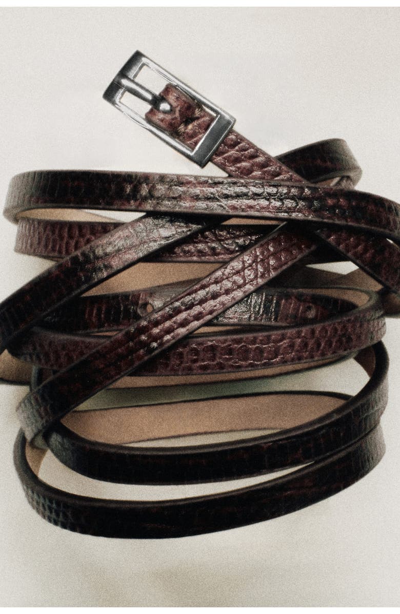 COS Skinny Double-wrap Leather Belt, Alternate, color, Brown / Lizard Effect