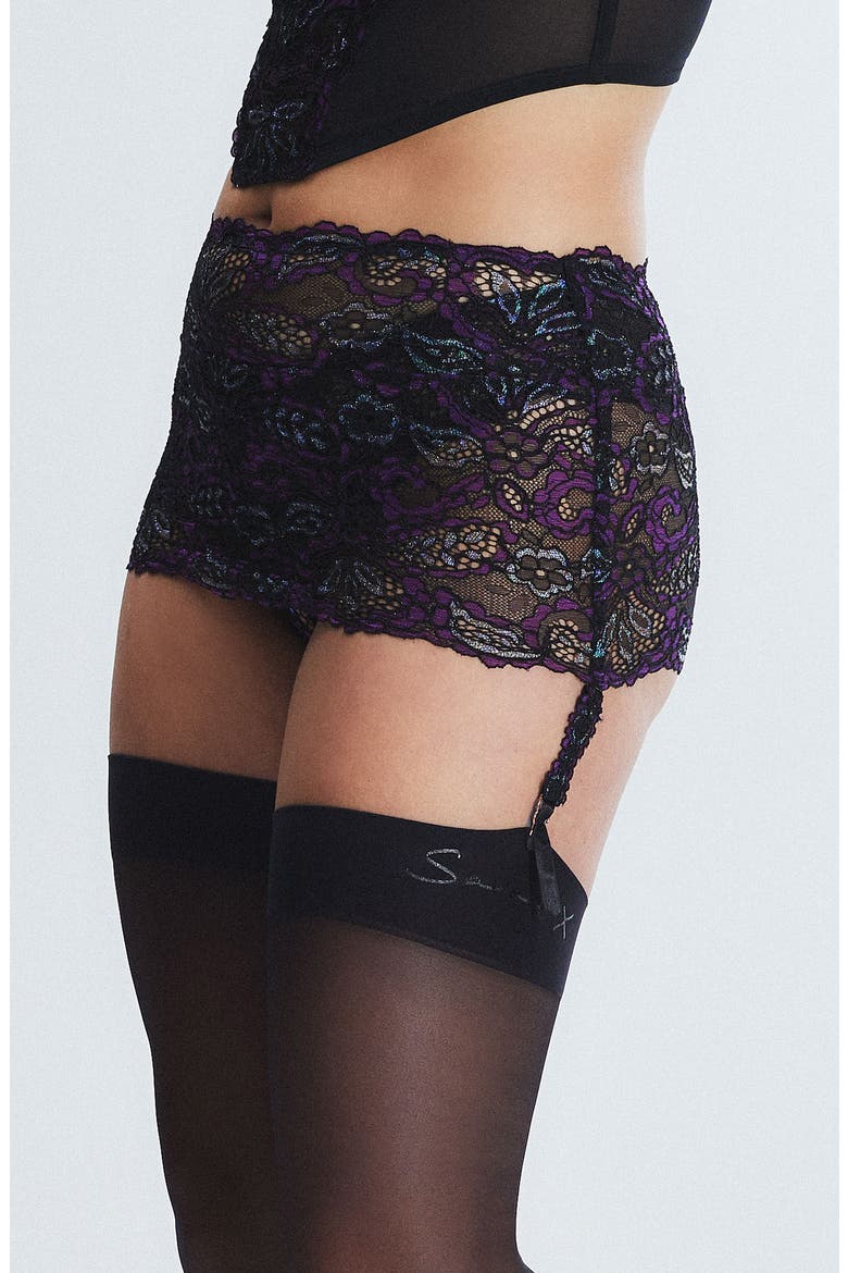 Romantic Corded Lace Garter Belt, Alternate, color, BLACK CAVIAR/ PURPLE METALLIC