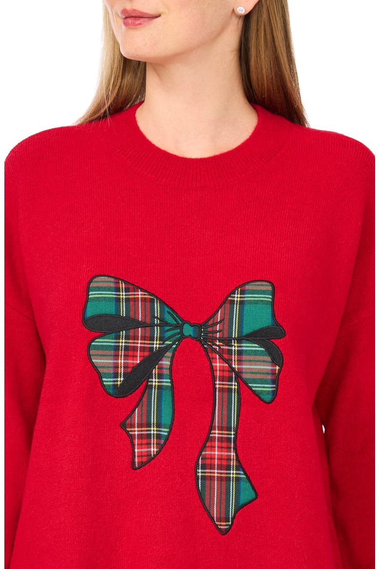 Tartan Bow Crewneck Sweater, Alternate, color, GLAMOUR RED
