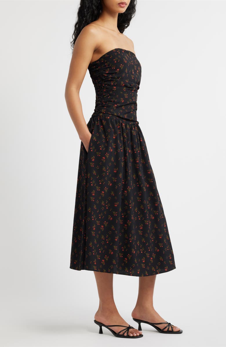 Lulus Molly Floral Print Strapless Midi Dress, Alternate, color, Black Floral