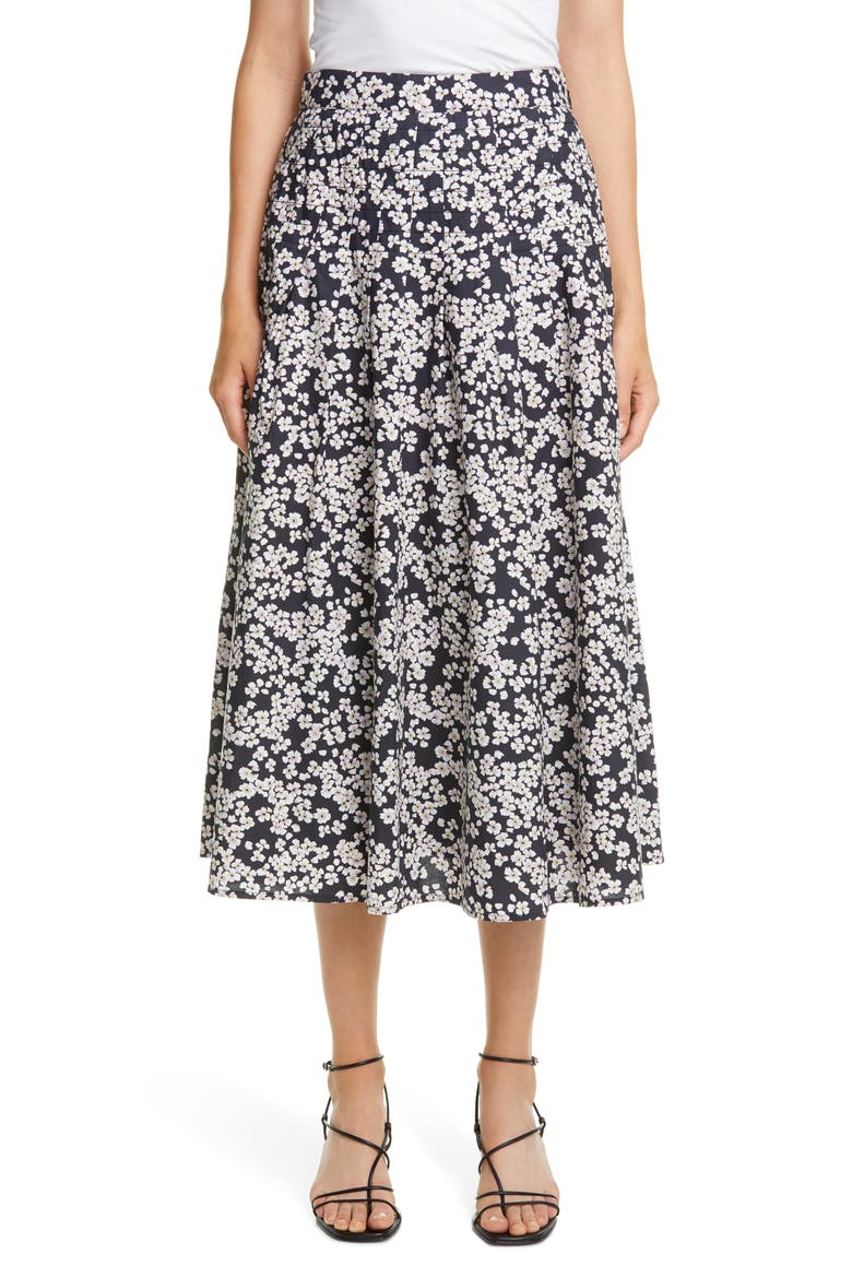Harper Floral Pleated A-Line Midi Skirt, Main, color, BLACK/LAVENDER PRINT