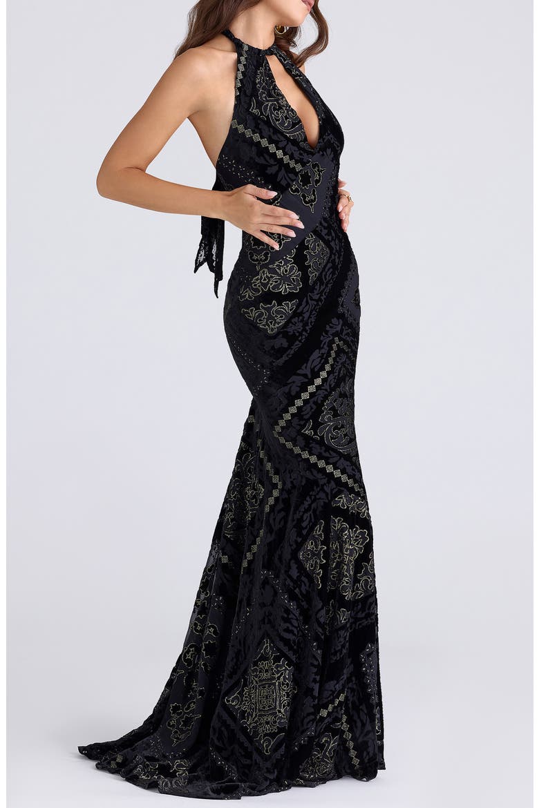 Oliviana Cutout Foil Devoré Halter Gown, Alternate, color, BLACK GOLD