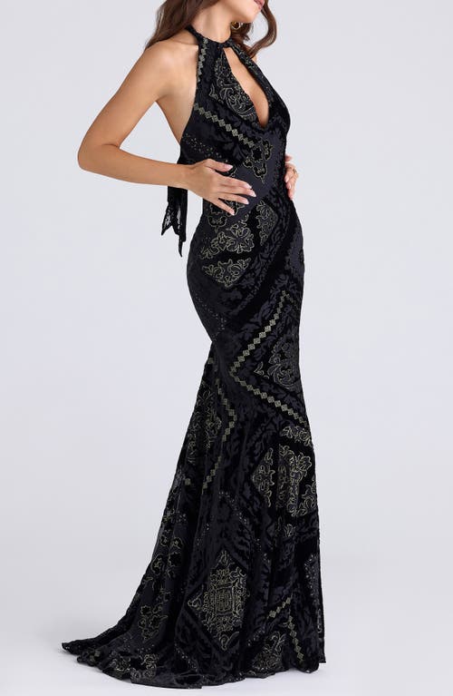 House Of Cb Womens Black & Gold Oliviana Halterneck Velvet Maxi Dress In Black