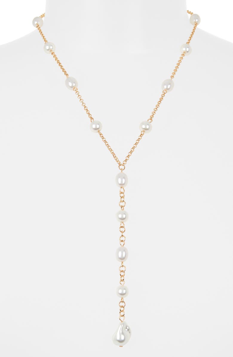 NORDSTROM RACK Faux Pearl Station Y-Necklace, Alternate, color, White- Gold
