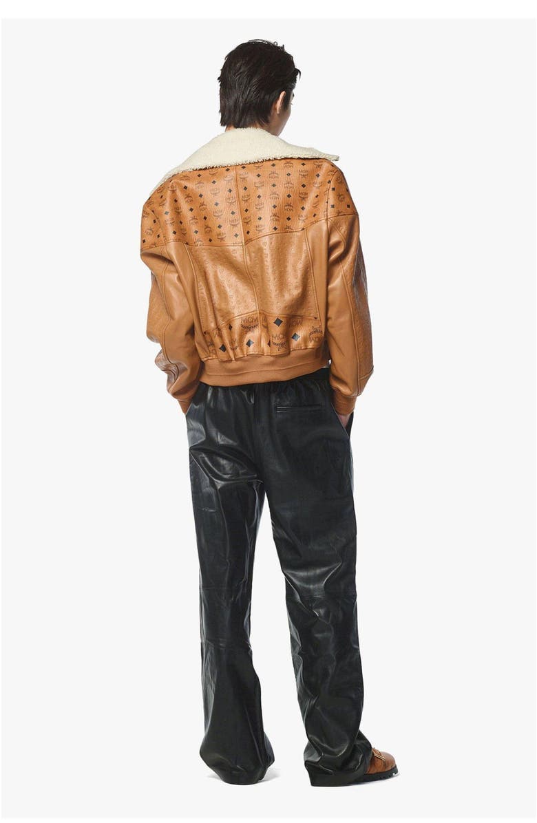 MCM Shearling Bomber Jacket in Visetos Leather Mix, Alternate, color, Cognac
