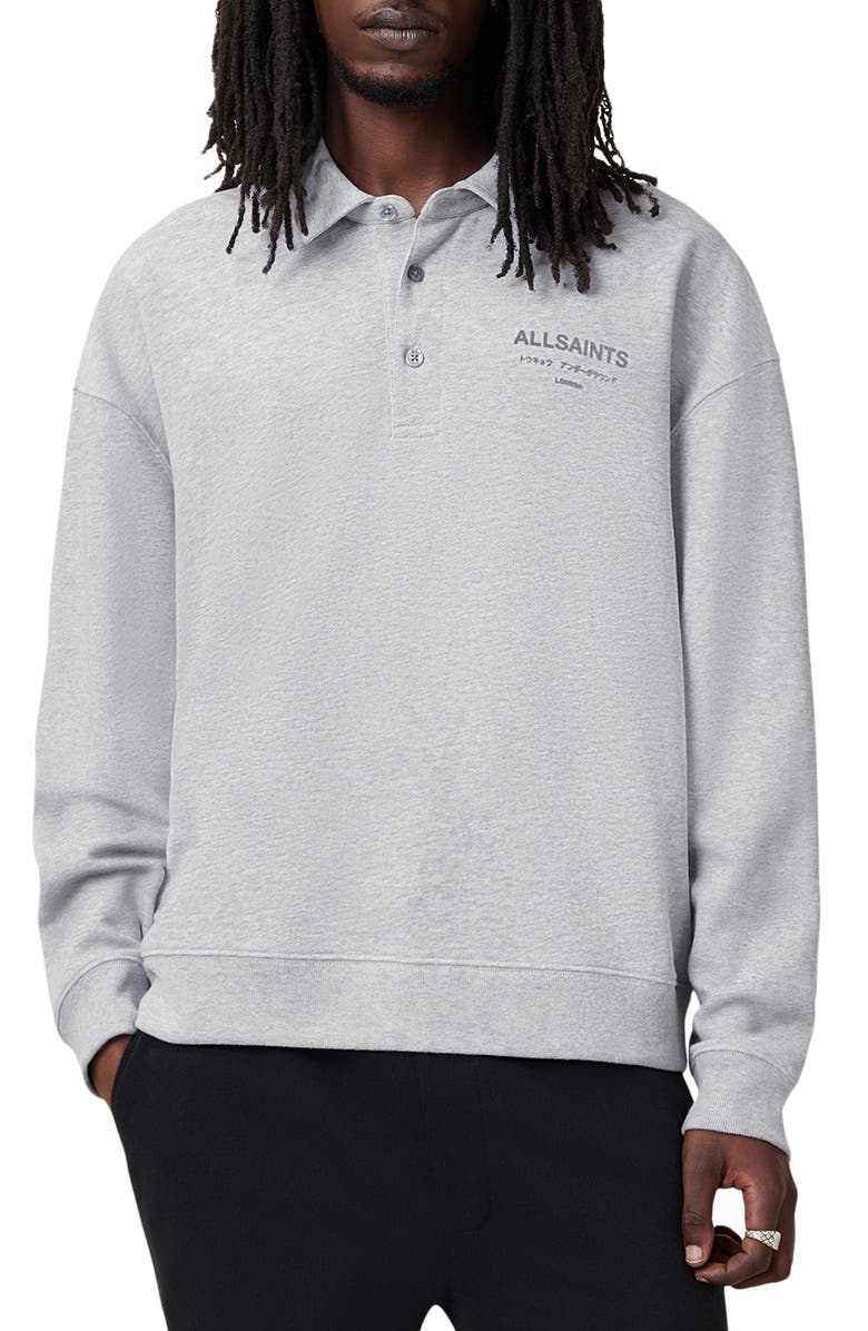 AllSaints Xander Logo Graphic Polo Sweatshirt, Main, color, Grey Marl